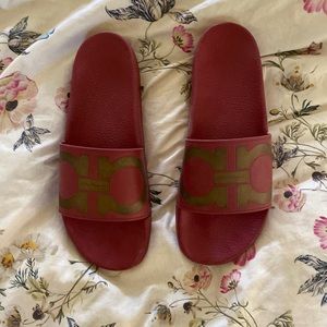 Ferragamo Slides US Mens 13. Burgundy with gold accents. Unique soles.